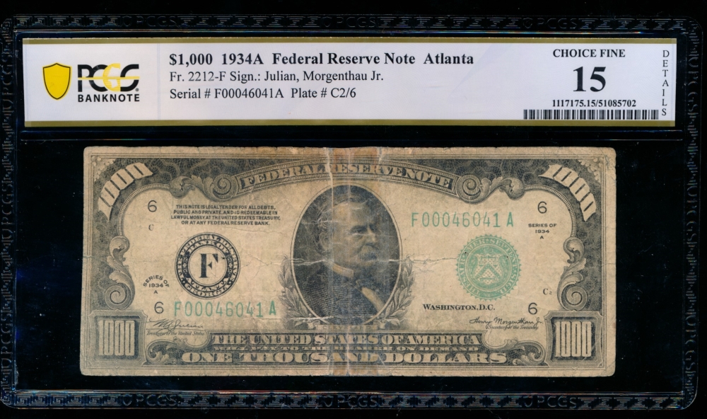 Fr. 2212-F 1934A $1,000  Federal Reserve Note Atlanta PCGS 15 details F00046041A
