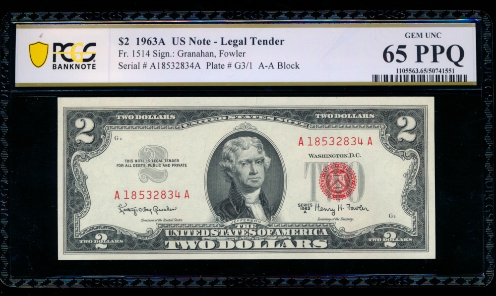 Fr. 1514 1963A $2  Legal Tender AA block PCGS 65PPQ A18532834A