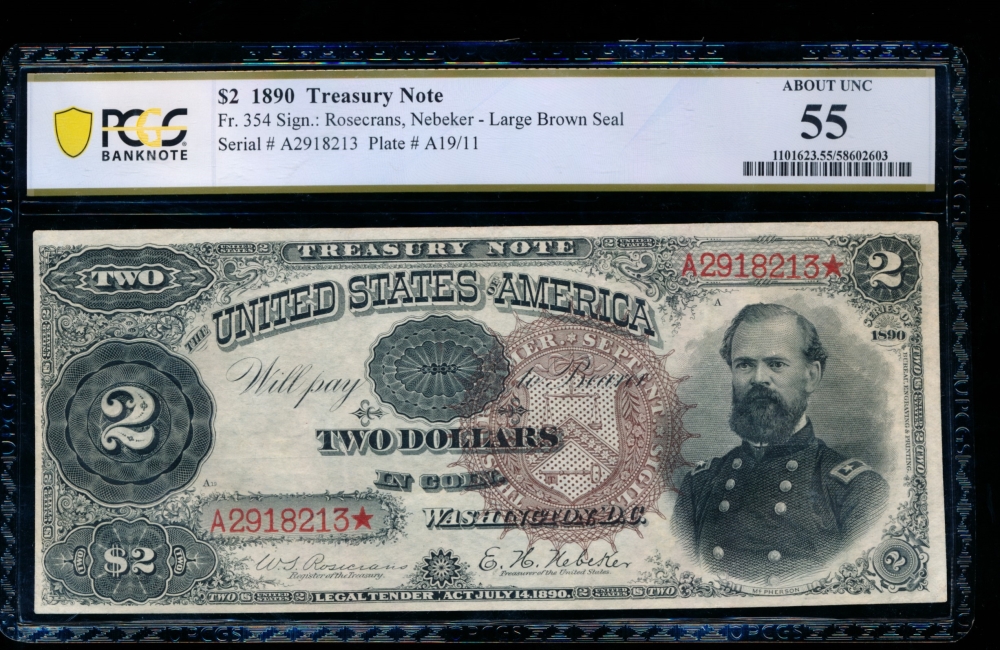 Fr. 354 1890 $2  Treasury Note  PCGS 55 comment A2918213*