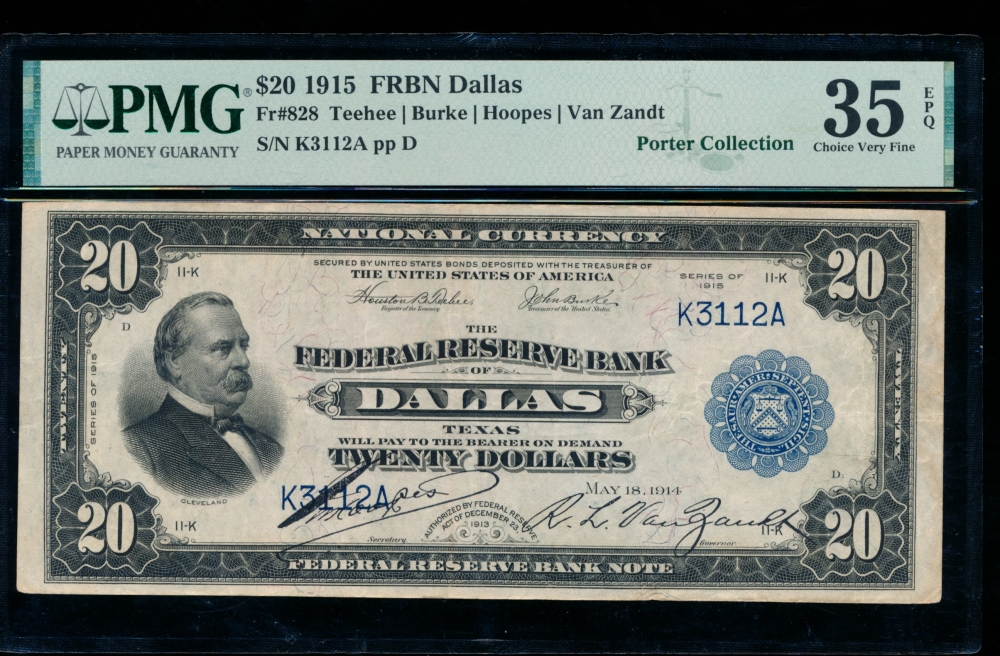 Fr. 828 1915 $20  FRBN Dallas PMG 35EPQ K3112A