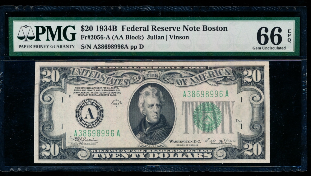 Fr. 2056-A 1934B $20  Federal Reserve Note Boston PMG 66EPQ A38698996A