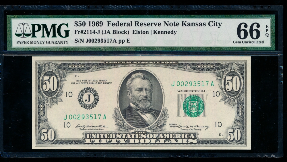 Fr. 2114-J 1969 $50  Federal Reserve Note Kansas City PMG 66EPQ J00293517A