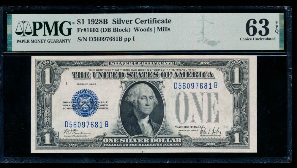 Fr. 1602 1928B $1  Silver Certificate DB block PMG 63EPQ D56097681B