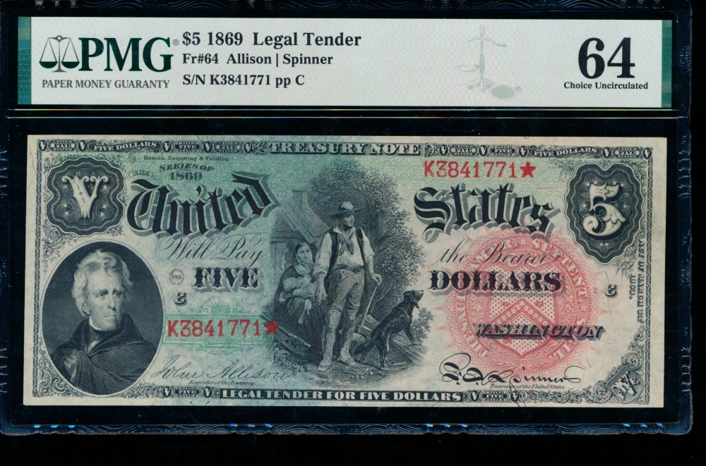 Fr. 64 1869 $5  Legal Tender  PMG 64 K3841771*