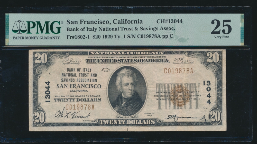Fr. 1802-1 1929 $20  National: Type I Ch #13044 Bank of Italy NT&SA San Francisco, CA PMG 25 C019878A