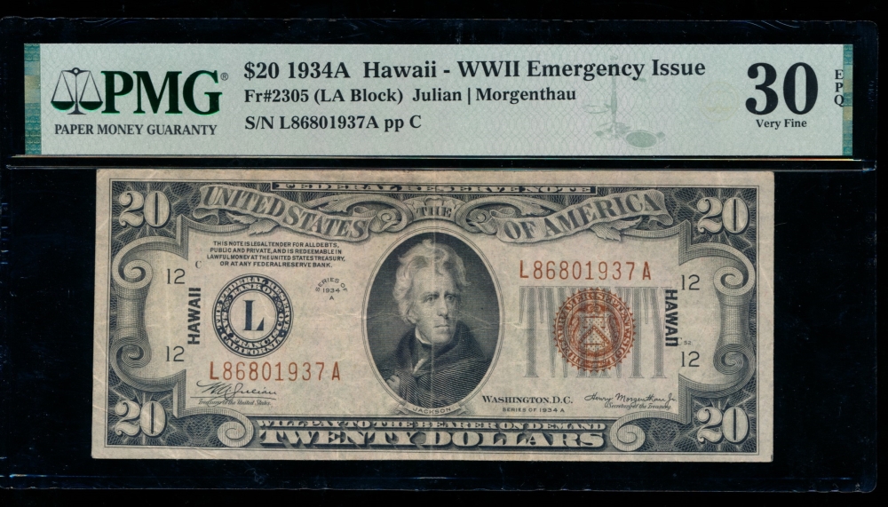 Fr. 2305 1934A $20  Hawaii non-mule PMG 30EPQ L86801937A