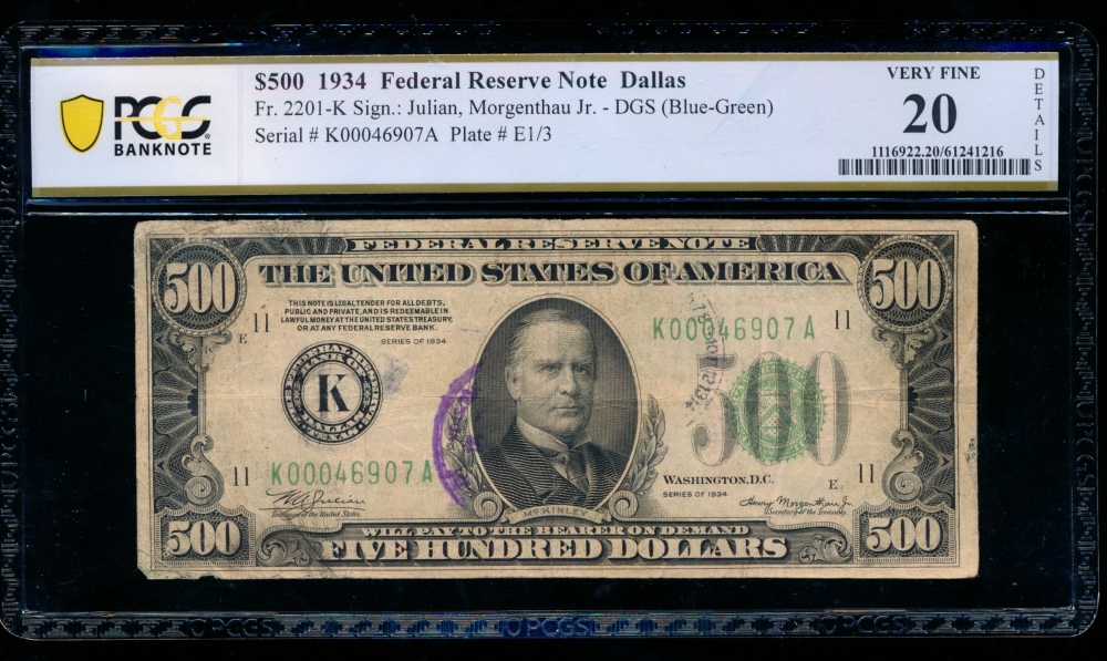 Fr. 2201-K 1934 $500  Federal Reserve Note Dallas PCGS 20 details K00046907A