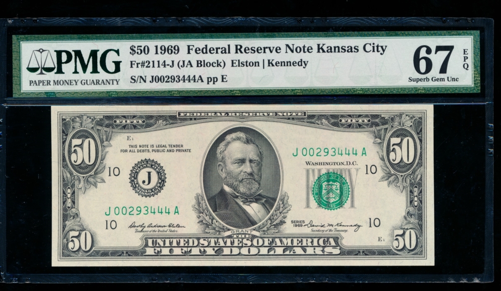 Fr. 2114-J 1969 $50  Federal Reserve Note Kansas City PMG 67EPQ J00293444A