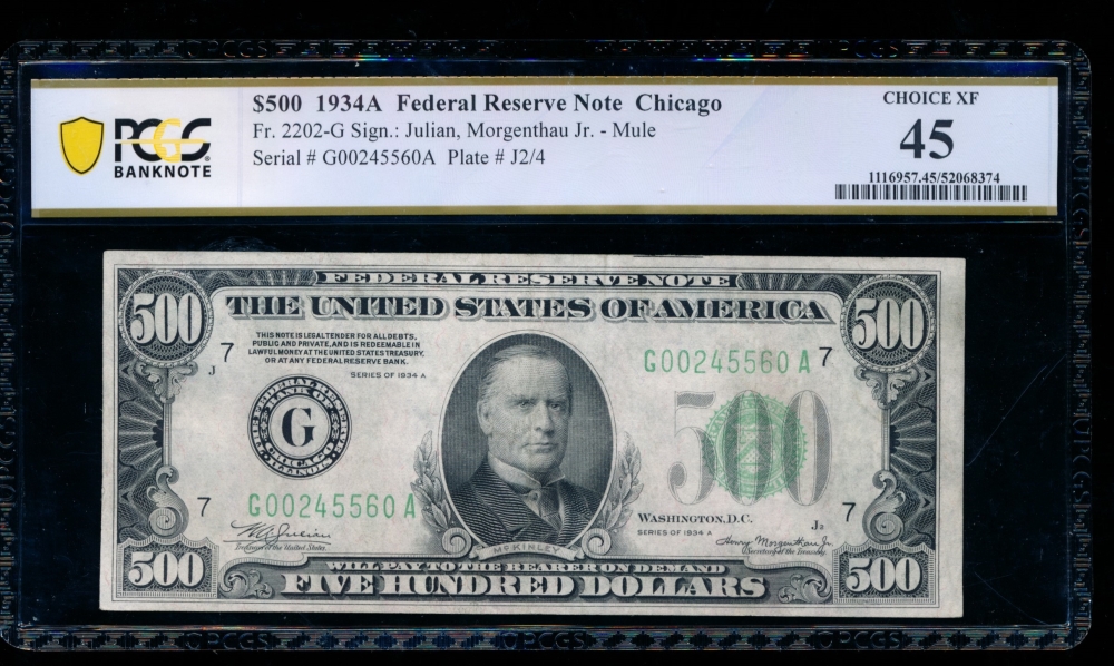 Fr. 2202-G 1934A $500  Federal Reserve Note Chicago PCGS 45 G00245560A