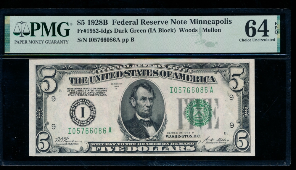 Fr. 1952-I 1928B $5  Federal Reserve Note Minneapolis PMG 64EPQ I05766086A