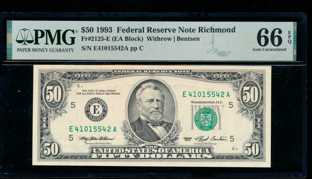 Fr. 2125-E 1993 $50  Federal Reserve Note Richmond PMG 66EPQ E41015542A