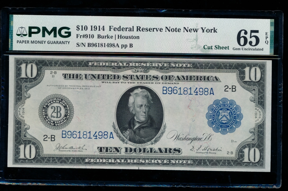 Fr. 910 1914 $10  Federal Reserve Note New York PMG 65EPQ B96181498A