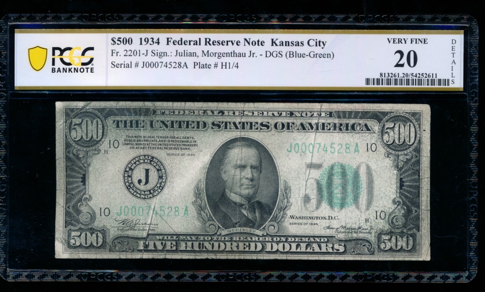 Fr. 2201-J 1934 $500  Federal Reserve Note Kansas City PCGS 20 details J00074528A