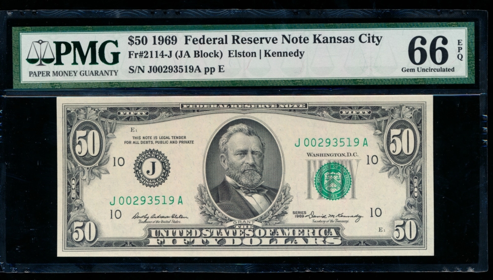 Fr. 2114-J 1969 $50  Federal Reserve Note Kansas City PMG 66EPQ J00293519A