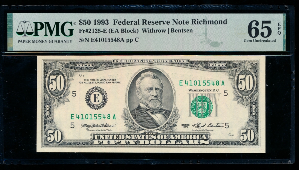 Fr. 2125-E 1993 $50  Federal Reserve Note Richmond PMG 65EPQ E41015548A