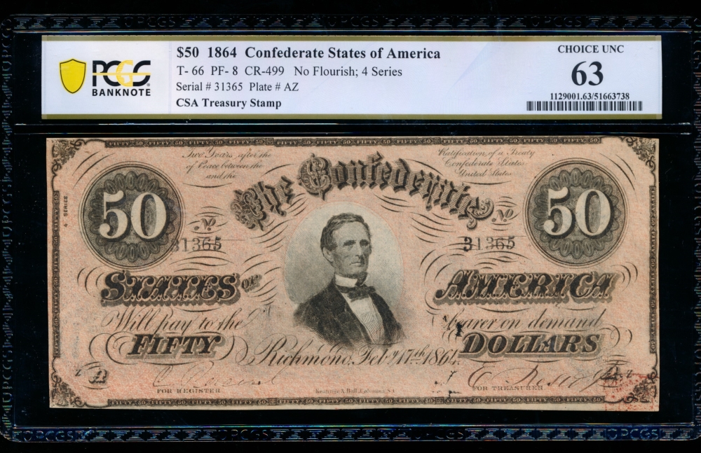 Fr. T-66 1864 $50  Confederate  PCGS 63 31365