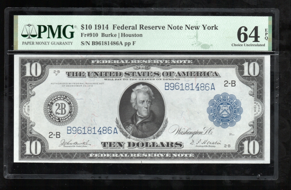Fr. 910 1914 $10  Federal Reserve Note New York PMG 64EPQ B96181486A