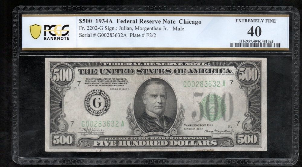 Fr. 2202-G 1934A $500  Federal Reserve Note Chicago PCGS 40 comment G00283632A