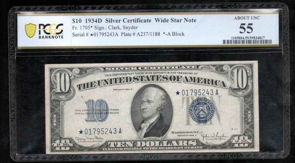 Fr. 1705 1934D $5  Silver Certificate Wide, *A block PCGS 55 *01795243A