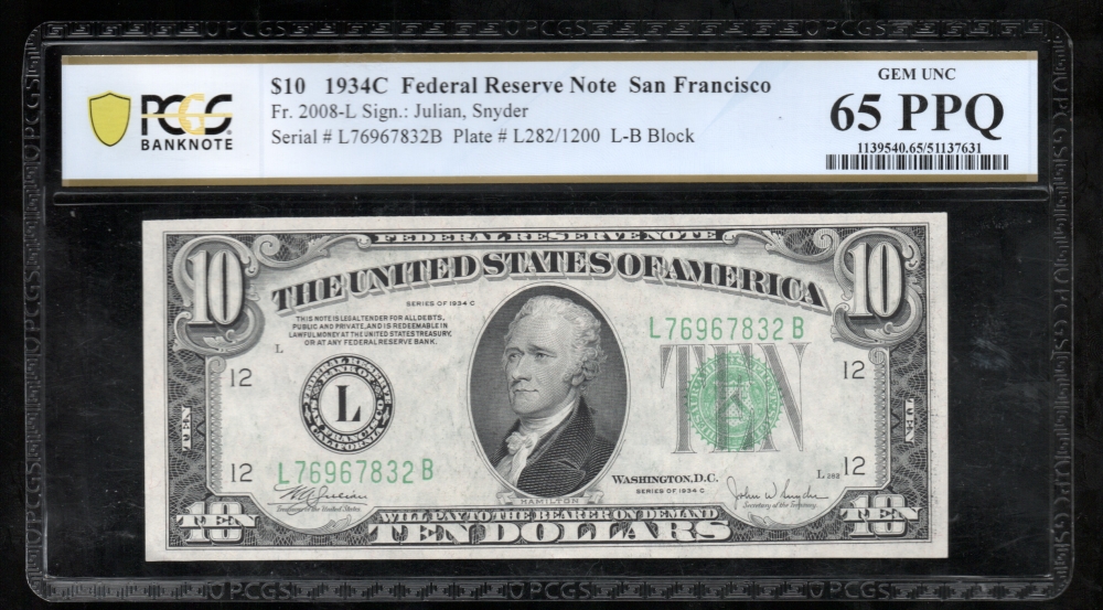 Fr. 2008-L 1934C $10  Federal Reserve Note San Francisco PCGS 65PPQ L76967832B