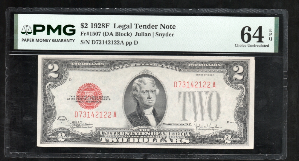Fr. 1507 1928F $2  Legal Tender DA block PMG 64EPQ D730142122