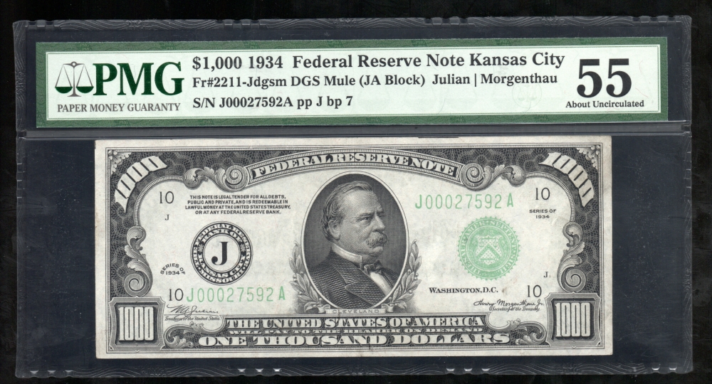 Fr. 2211-J 1934 $1,000  Federal Reserve Note Kansas City PMG 55 J00027592A