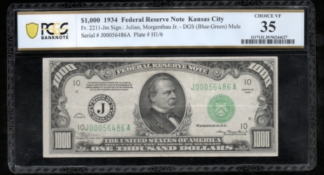 Fr. 2211-J 1934 $1,000  Federal Reserve Note Kansas City PCGS 35 J00056486A