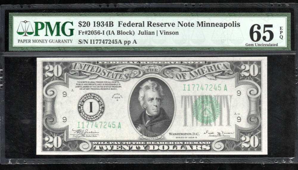 Fr. 2056-I 1934B $20  Federal Reserve Note Minneapolis PMG 65EPQ I17747245A