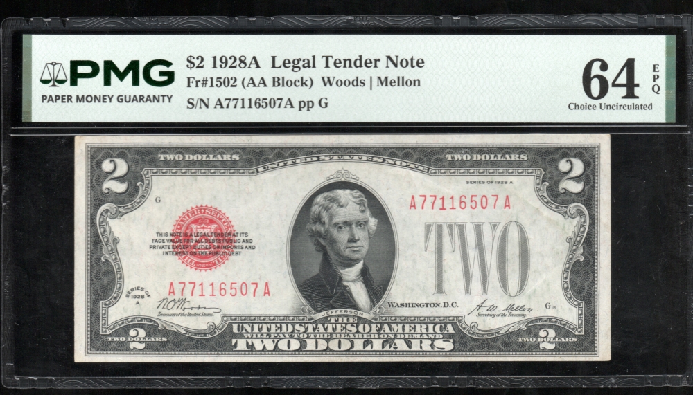 Fr. 1502 1928A $2  Legal Tender AA block PMG 64EPQ A77116507A