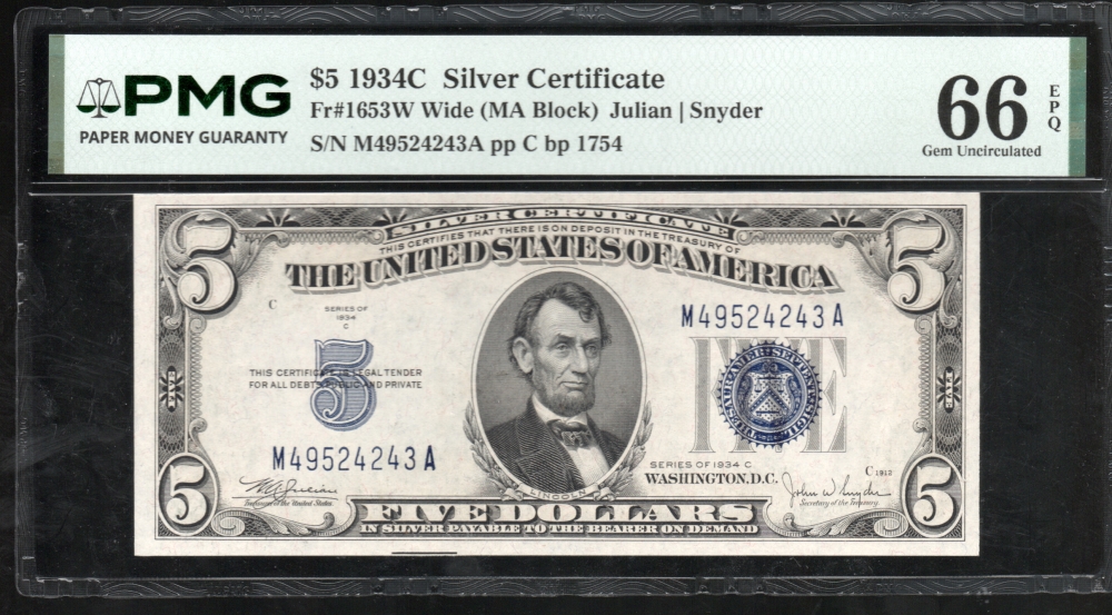 Fr. 1653 1934C $5  Silver Certificate Wide, MA block PMG 66EPQ M49524243A