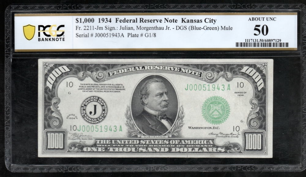 Fr. 2211-J 1934 $1,000  Federal Reserve Note Kansas City PCGS 50 comment J00051943A