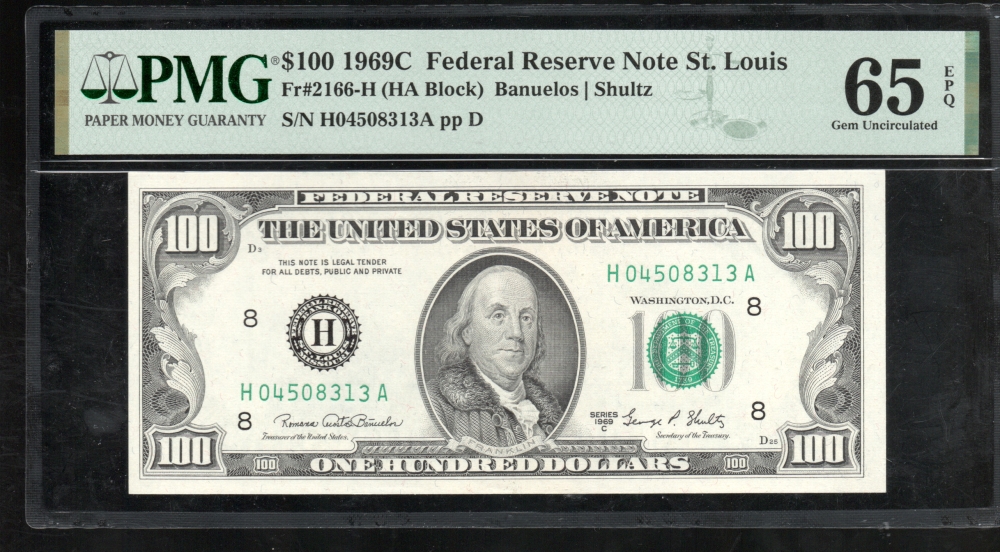 Fr. 2166-H 1969C $100  Federal Reserve Note Saint Louis PMG 65EPQ H04508313A