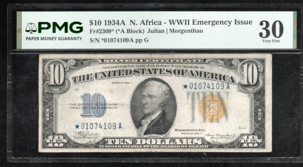 Fr. 2309 1934A $10  North Africa *A block PMG 30 *01074109A