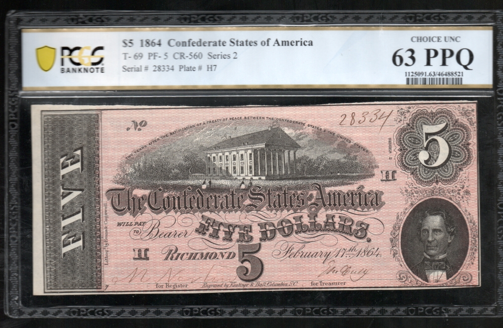 Fr. T-69 1864 $5  Confederate  PCGS 63PPQ 28334