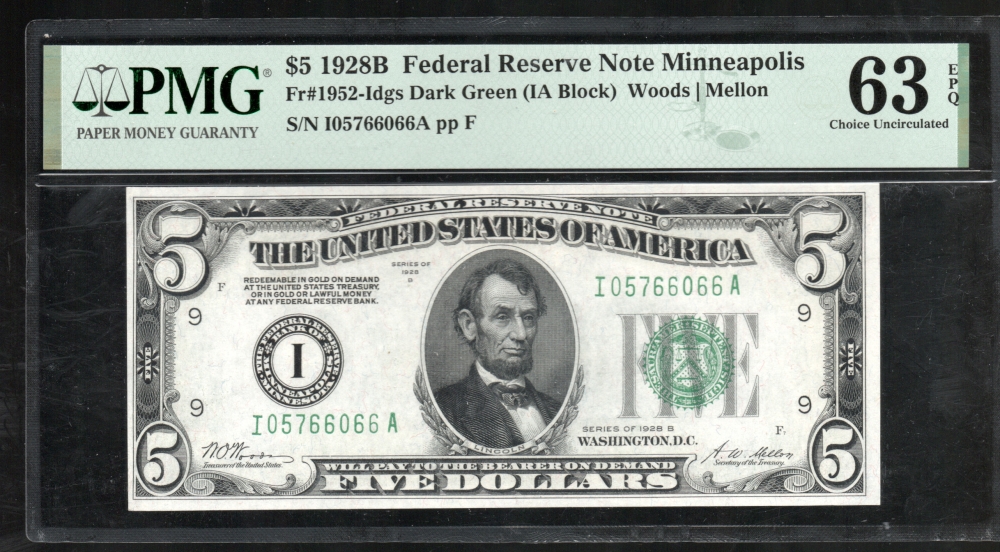 Fr. 1952-I 1928B $5  Federal Reserve Note Minneapolis PMG 63EPQ I05766066A
