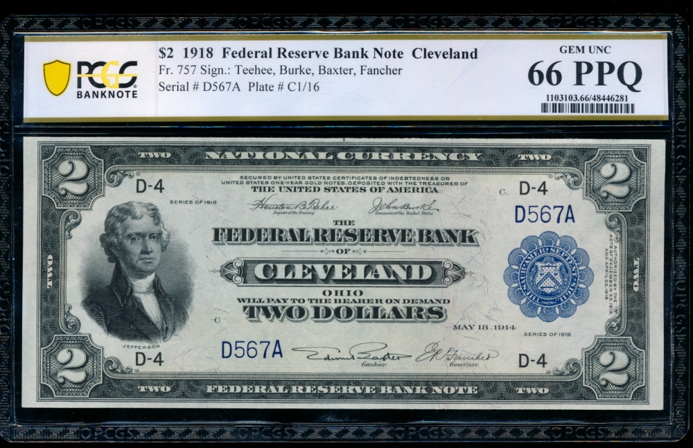 Fr. 757 1918 $2  FRBN Cleveland PCGS 66PPQ D567A