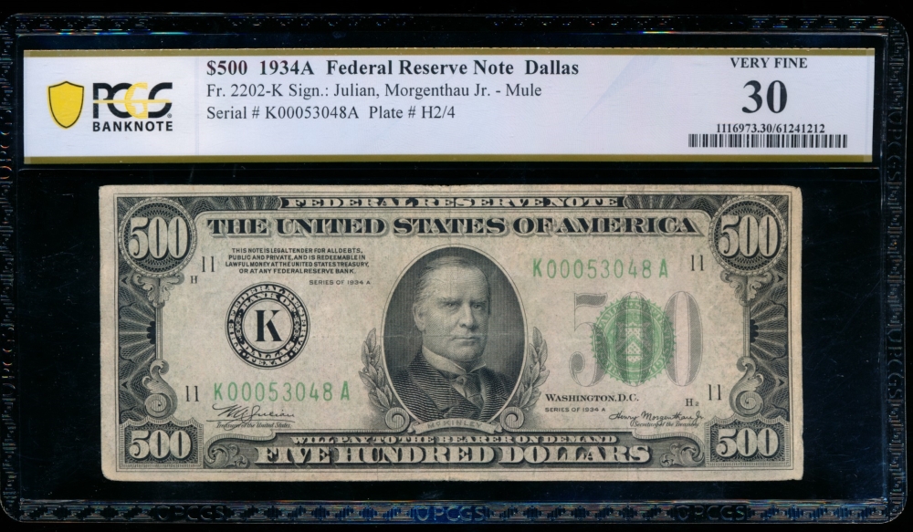 Fr. 2202-K 1934A $500  Federal Reserve Note Dallas PCGS 30 K00053048A