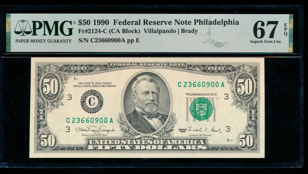 Fr. 2124-C 1990 $50  Federal Reserve Note Philadelphia PMG 67EPQ C23660900A