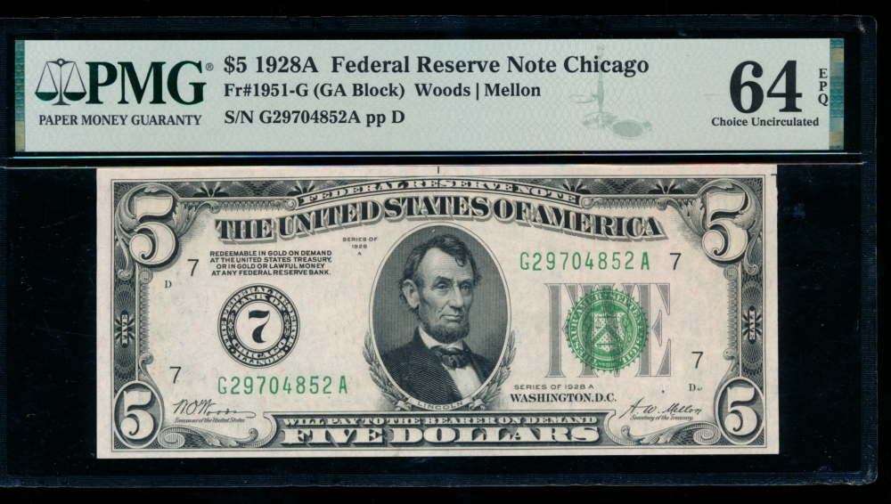 Fr. 1951-G 1928A $5  Federal Reserve Note Chicago PMG 64EPQ G29704852A
