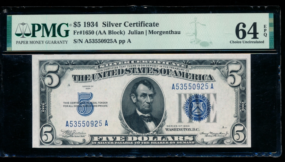 Fr. 1650 1934 $5  Silver Certificate AA block PMG 64EPQ A53550925A