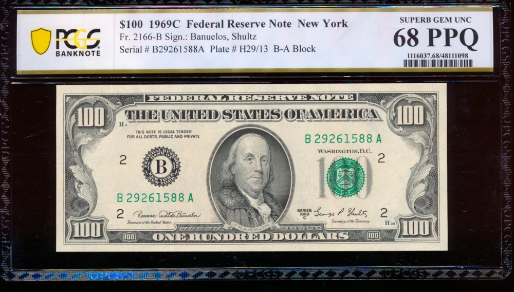 Fr. 2166-B 1969C $100  Federal Reserve Note New York PCGS 68PPQ B27261588A