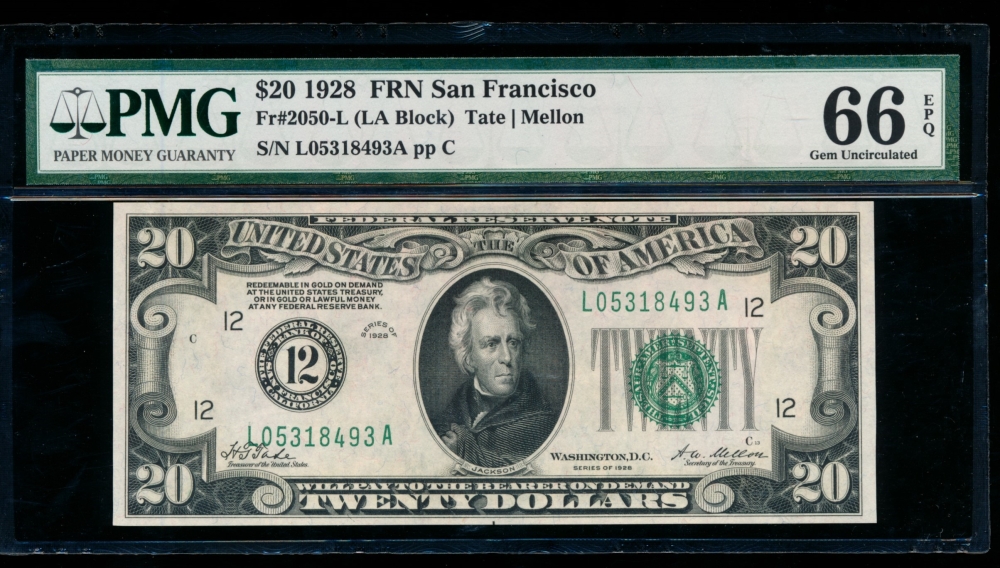 Fr. 2050-L 1928 $20  Federal Reserve Note San Francisco PMG 66EPQ L05318493A