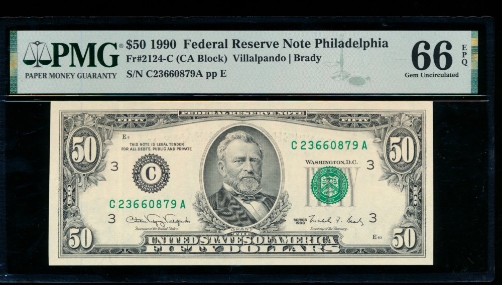 Fr. 2124-C 1990 $50  Federal Reserve Note Philadelphia PMG 66EPQ C23660879A