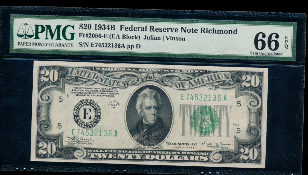Fr. 2056-E 1934B $20  Federal Reserve Note RIchmond PMG 66EPQ E74532136A