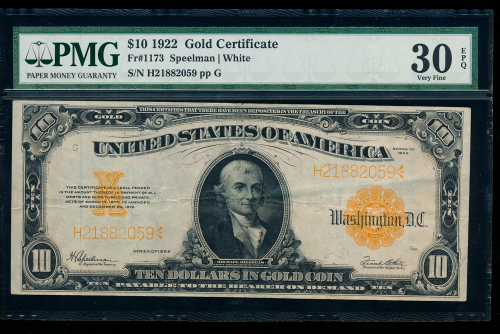 Fr. 1173 1922 $10  Gold Certificate  PMG 30EPQ H21882059