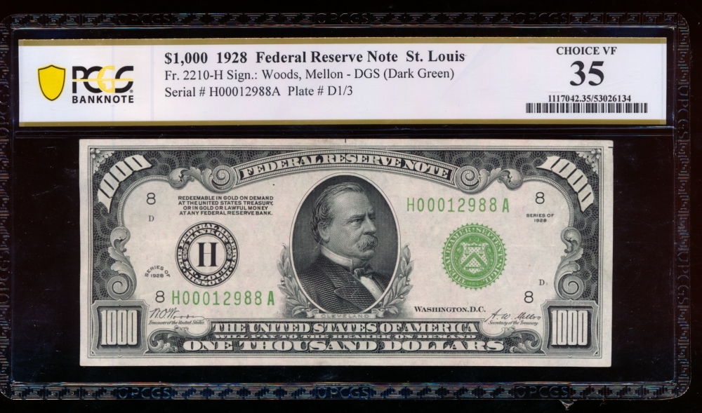 Fr. 2210-H 1928 $1,000  Federal Reserve Note Saint Louis PCGS 35 H00012988A