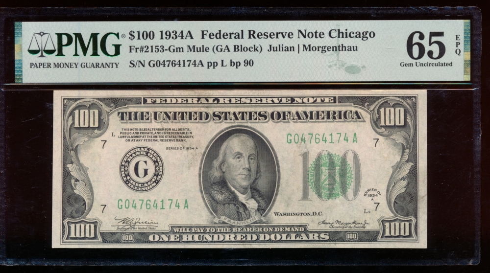 Fr. 2153-G 1934A $100  Federal Reserve Note Chicago mule PMG 65EPQ G04764174A