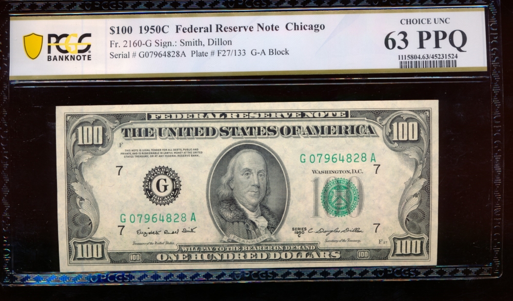 Fr. 2160-G 1950C $100  Federal Reserve Note Chicago PCGS 63PPQ G07964828A