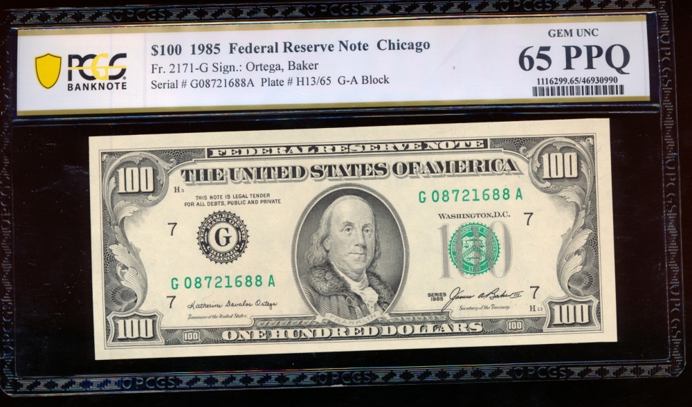 Fr. 2171-G 1985 $100  Federal Reserve Note Chicago PCGS 65PPQ G08721688A