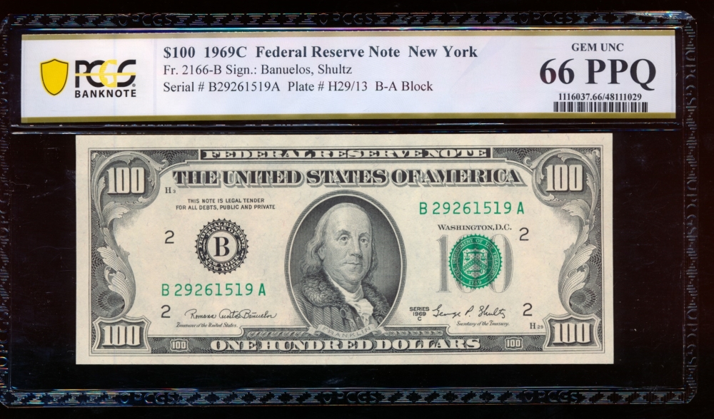 Fr. 2166-B 1969C $100  Federal Reserve Note New York PCGS 66PPQ B27261519A